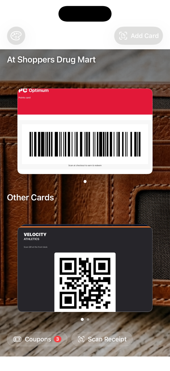 NotWallet showing location-aware card stacks